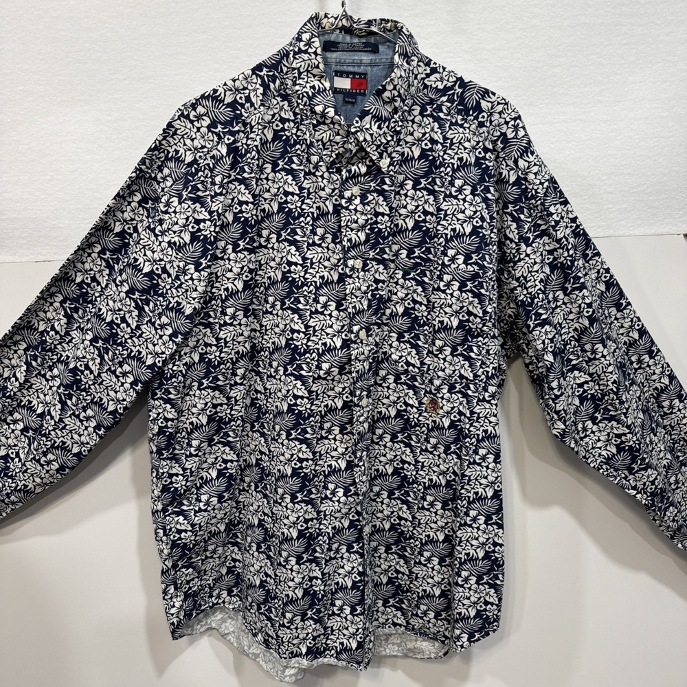 Tommy Hilfiger Long Sleeve Shirt Men X-Large Blue Hawaiian Button Up Cotton
